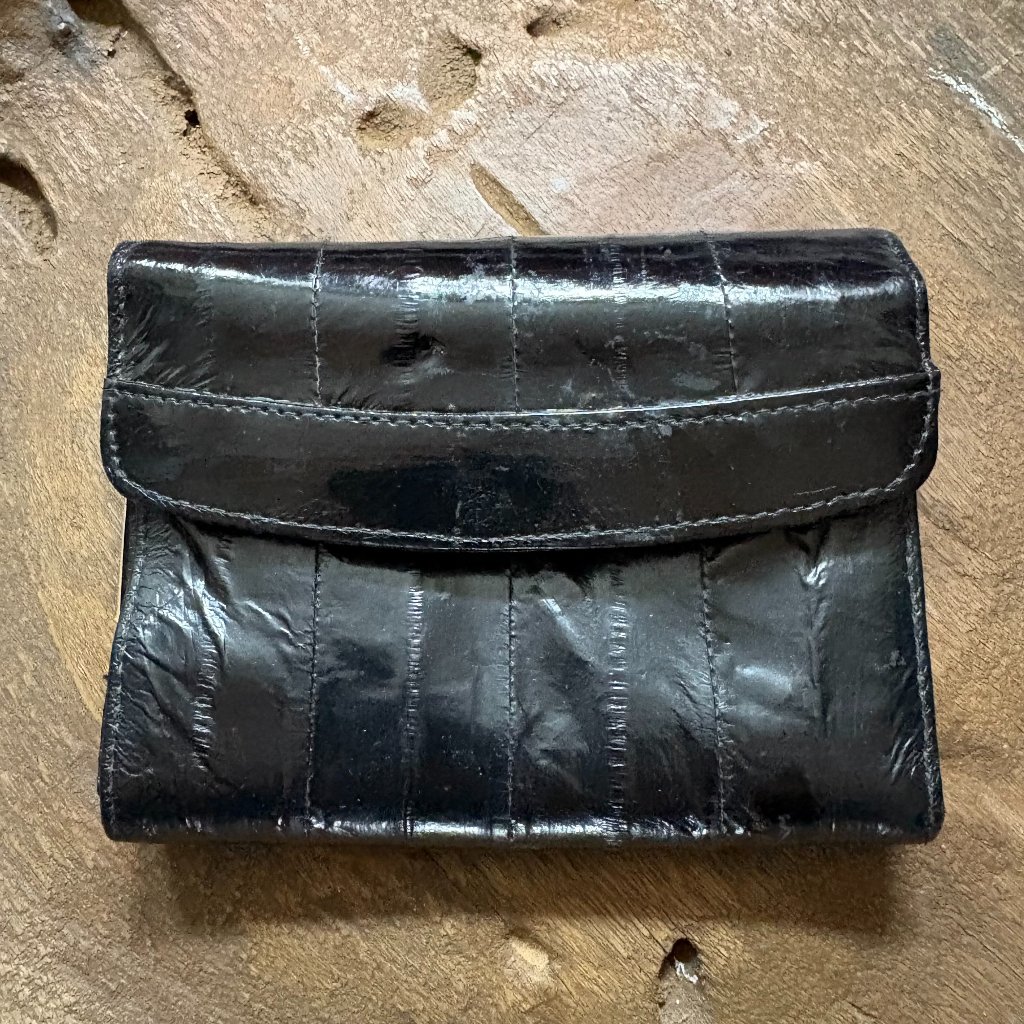 Vintage Black Eelskin Wallet Coin Purse 1980s Korea Women's 5 X 4 X .75 Inches
